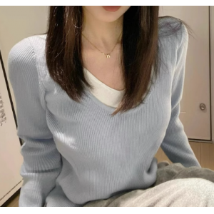 假两件蓝色v领长袖针织衫女秋冬早春